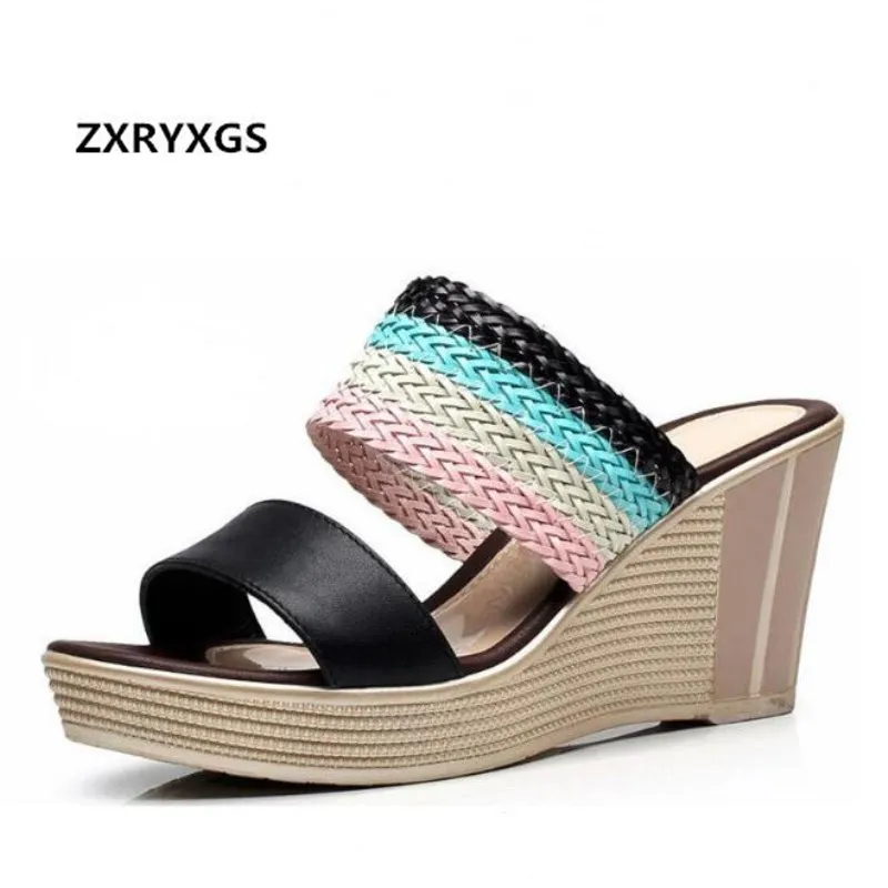 

Hot 2021 Spell Color Genuine Leather Weaving Women Sandals Summer Platform Wedges Women Slippers Comfort Non-Slip Fashion Shoes