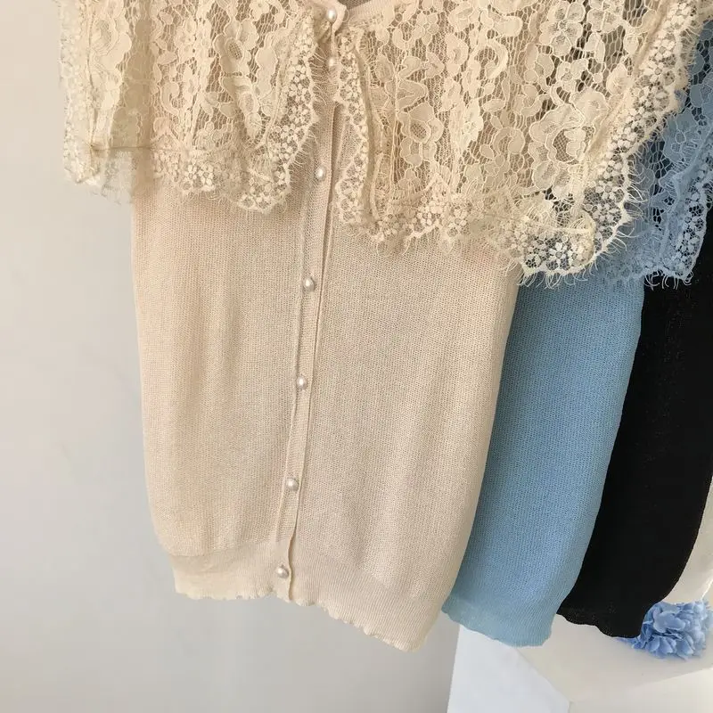 ALPHALMODA Летний Женский вязаный кардиган с кружевным воротником, однобортный кружевной кардиган в стиле пэчворк, милая Повседневная летняя одежда