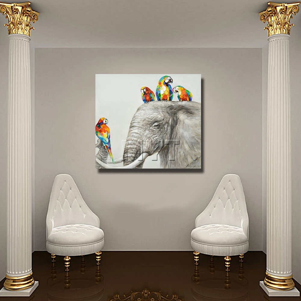 

Elephant picture fine wall art oil painting of parrot good quality cheap free shipping canvas decoration for home