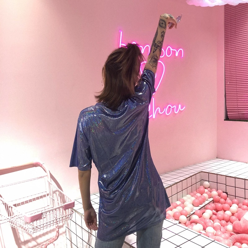 Ins Горячие Harajuku стиль с круглым вырезом короткий рукав Bling Блеск длинная футболка