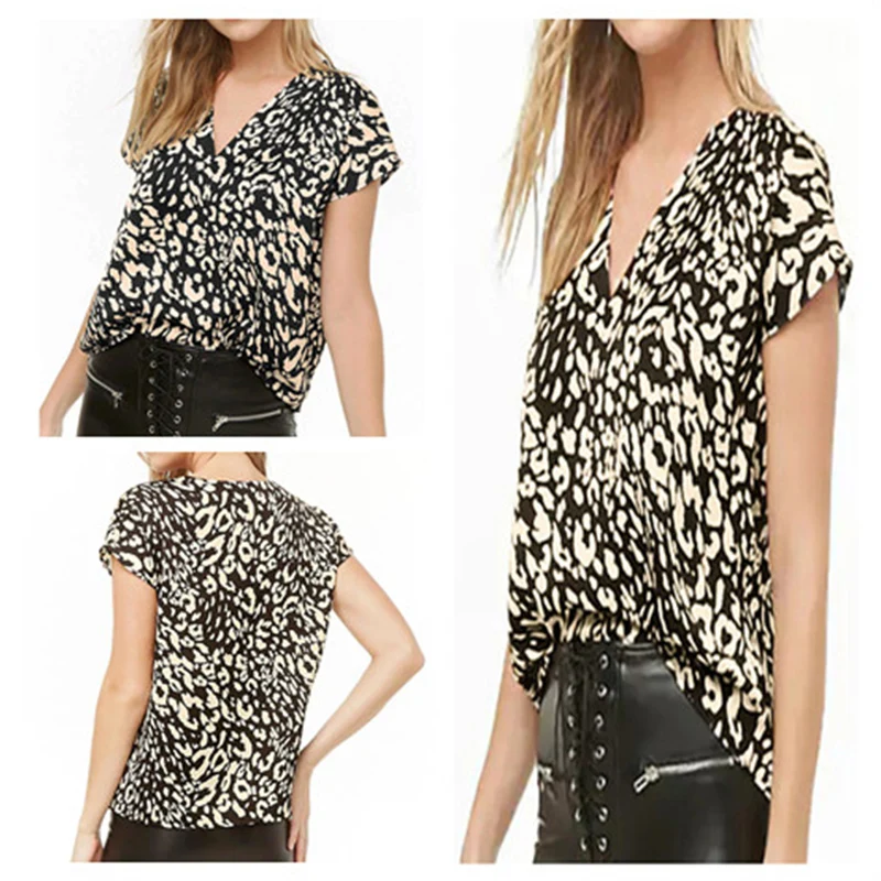 Женская шифоновая рубашка с леопардовым принтом V образным вырезом и коротким