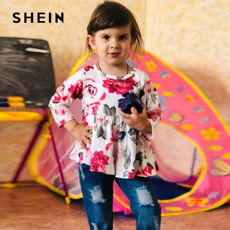 SHEIN/комплект из топа с цветочным принтом и рваных джинсов; повседневная одежда для девочек-подростков; коллекция года; сезон весна; модная детская одежда с длинными рукавами