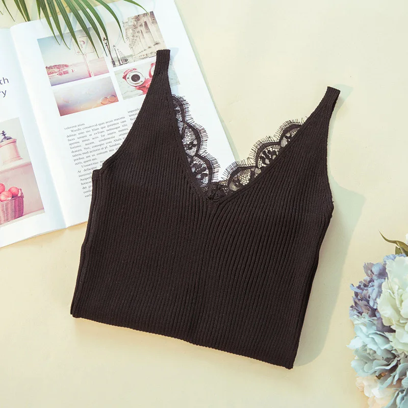 Женский летний вязаный Топ без рукавов с v-образным вырезом кружевной однотонный