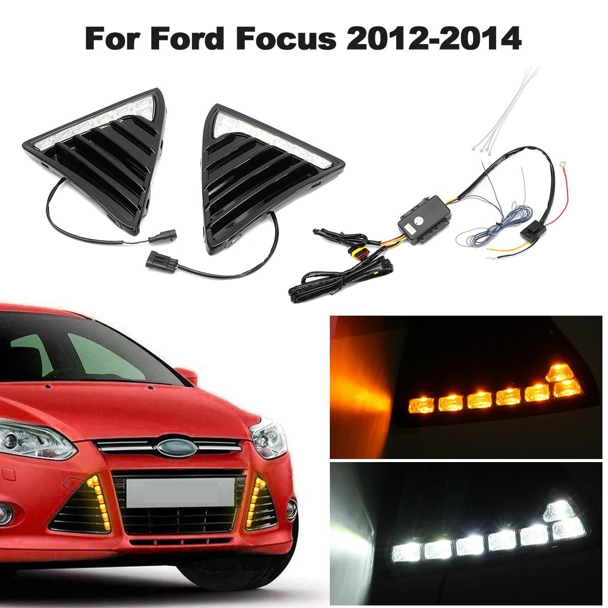 Автомобильный светильник DRL для Ford Focus 3 2012 2013-, дневные ходовые огни, противотуманная фара, Дневной светильник с желтым сигналом
