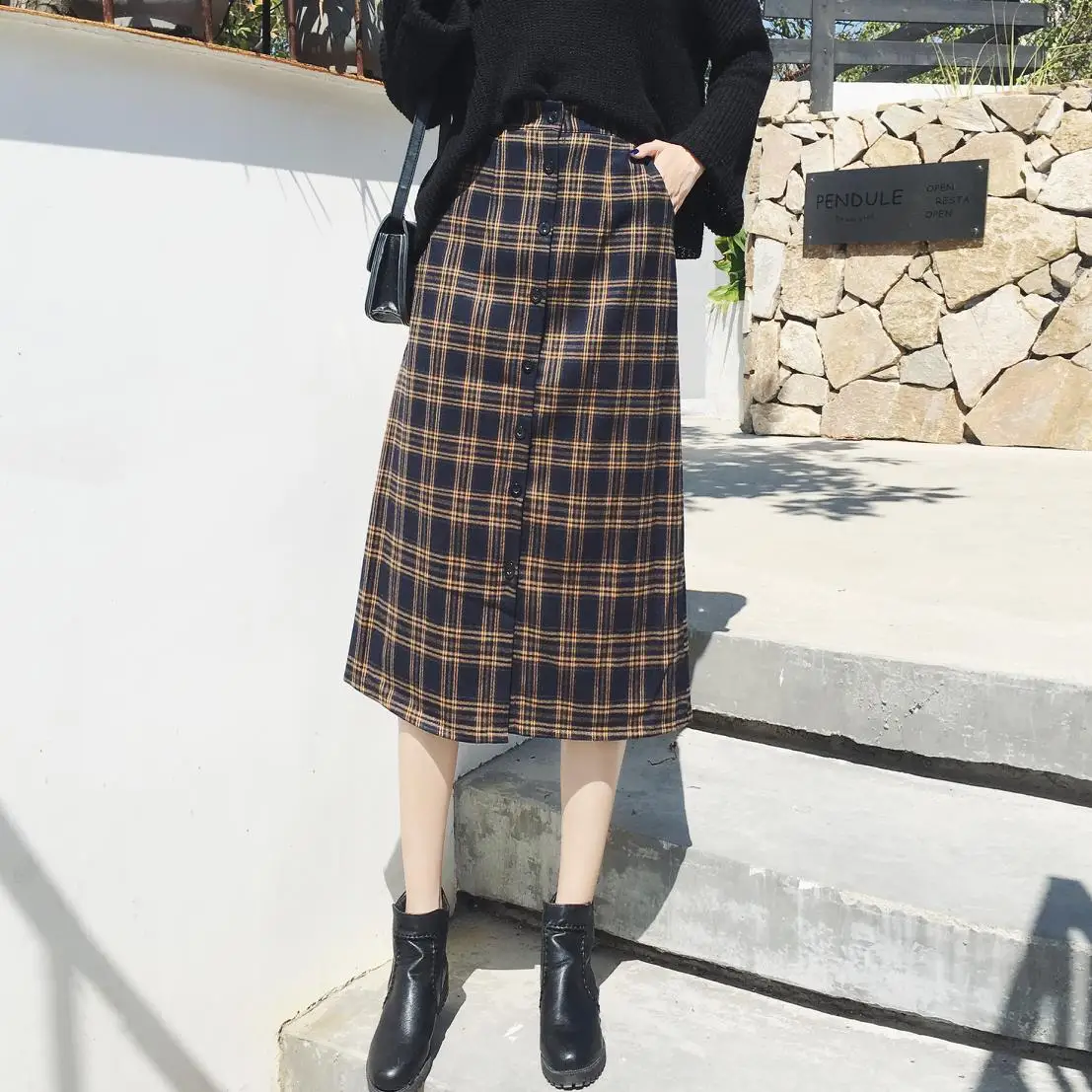 

Women High Waisted Plaid Skirt Spring Autumn Vintage Ladies Single-breasted A-Line Long Midi Skirts jupe femme