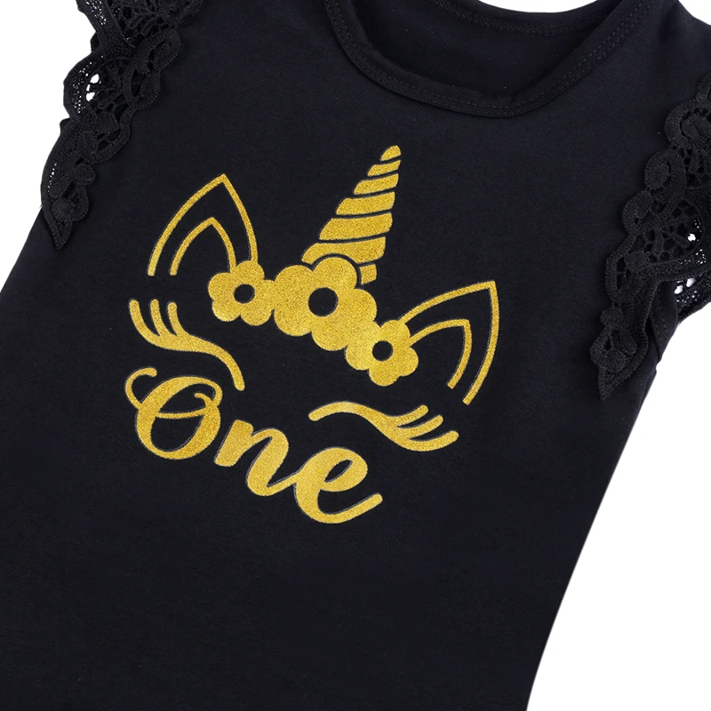 Summer Baby Bodysuit Unicorn Letter Black Sleeveless Romper Jumpsuit for 1st Birthday Party Cake Smash Cute Girls | Детская одежда и