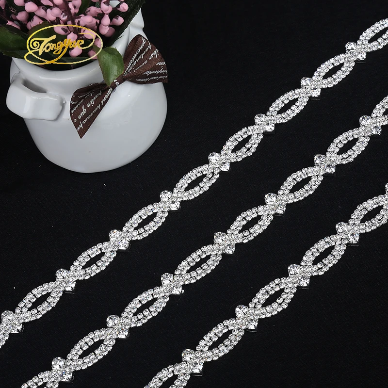 

1YD Gold/Silver Band Shape Rhinestones Alloy Applique Lace DIY Decoration In Clothes Trim Collocation Sewing Embellishment