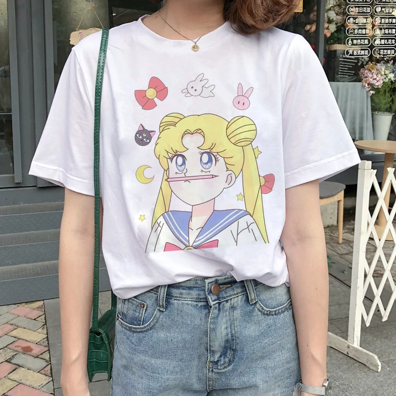 Kawaii Сейлор Мун футболка Женская Harajuku Ullzang мультяшная футболка 90s Милая футболка с принтом гранж корейский стиль футболки женские