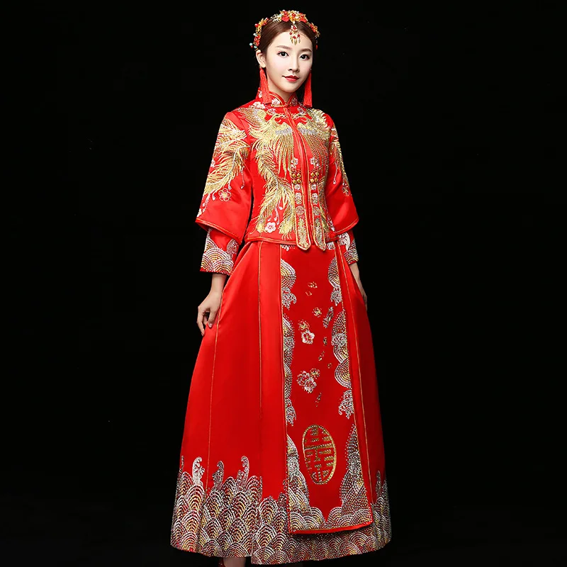 Традиционный китайский свадебное платье Вышивка Cheongsam красный Qipao длинный халат