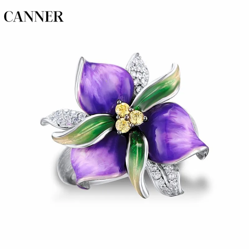 Кольцо с цветком и кристаллами Canner 925 пробы серебристые фиолетовые кольца для