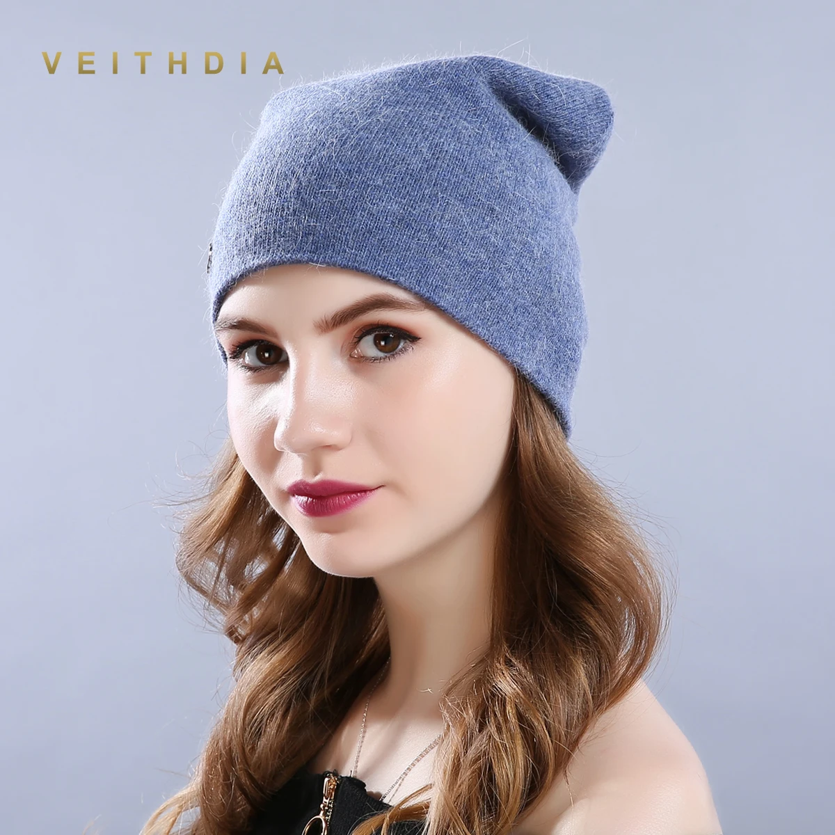VEITHDIA женские шапки женские шерстяные повседневные осенние зимние брендовые новые двухслойные толстые однотонные вязаные шапочки для девочек - Цвет: Синий