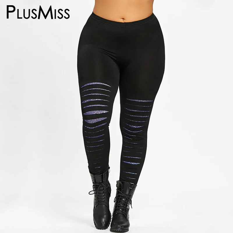 black PlusMiss размера плюс 5XL Galaxy принт со звездой и рваных леггинсов женская одежда Фитнес Легинсы большой Размеры пикантные тренировки брюки - Цвет: black