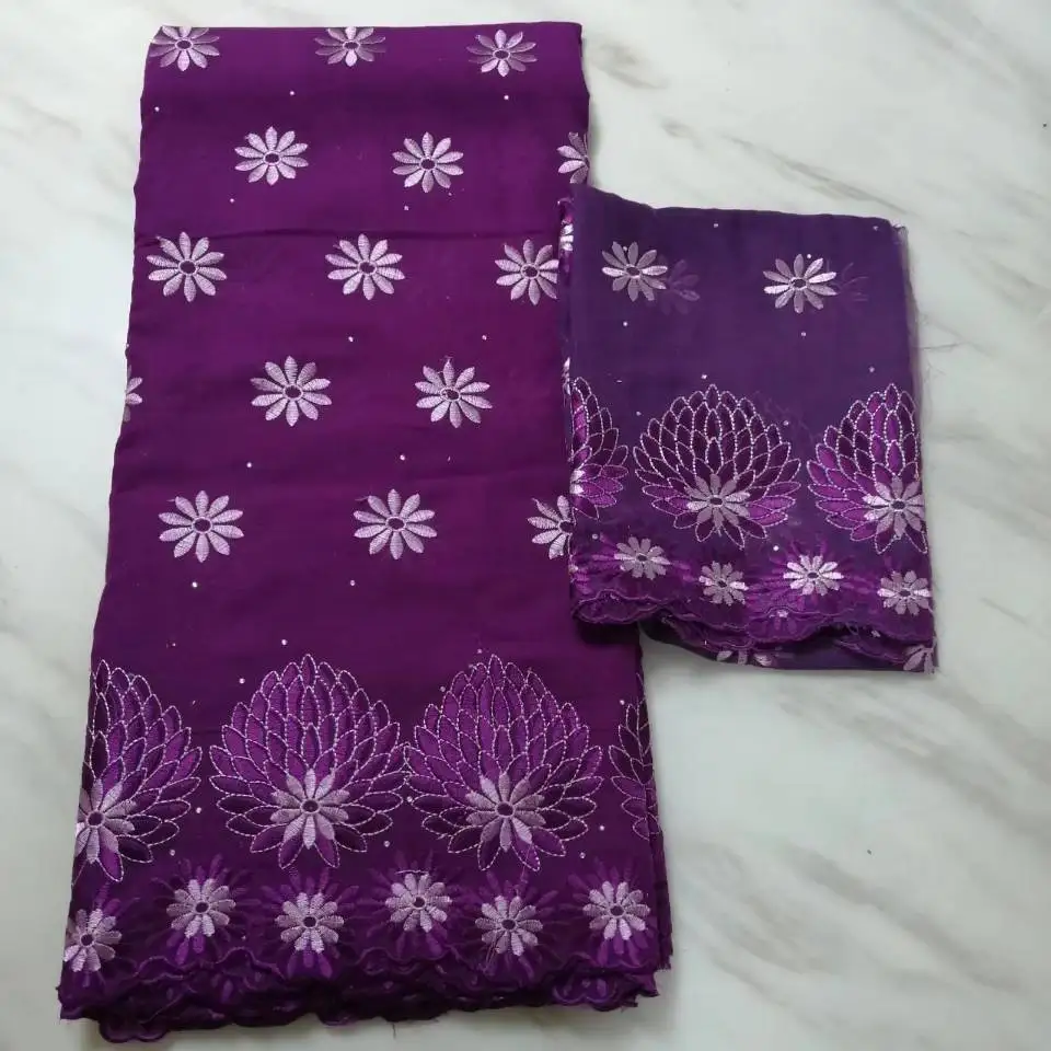

5Yards/PC Fashionable purple african cotton fabric with nice pattern embroidery and 2yards blouse net lace set for dress BC54-6
