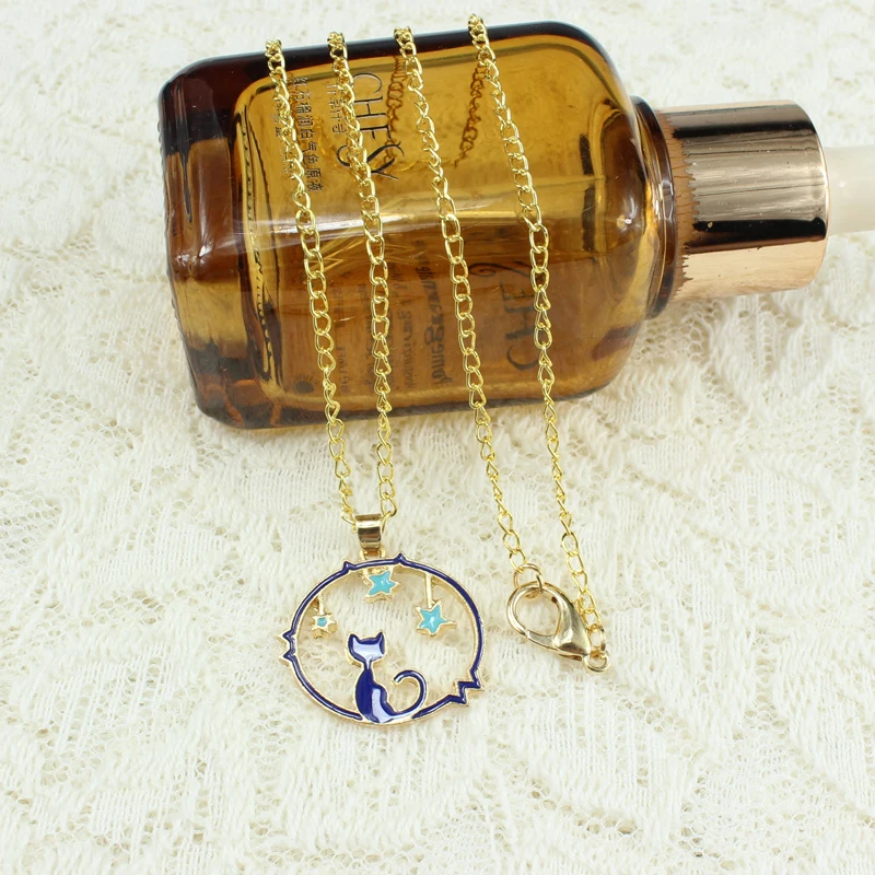 Полые подвесные ожерелья с животными Lucky Cat Moon Star ожерелье в виде кошки подарок