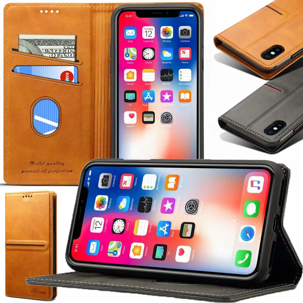 

Чехол из искусственной кожи в стиле ретро для iPhone X Xs 7 8 Plus, чехол-кошелек с отделениями для карт, чехол-подставка для iPhone 8 7 Plus X, деловой чехол