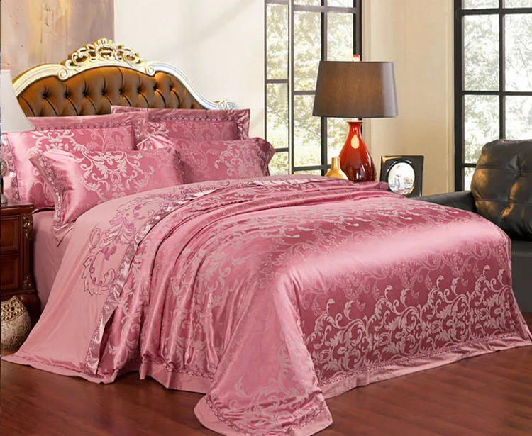Розовый жаккард цветы постельных принадлежностей шелковое западный стиль две