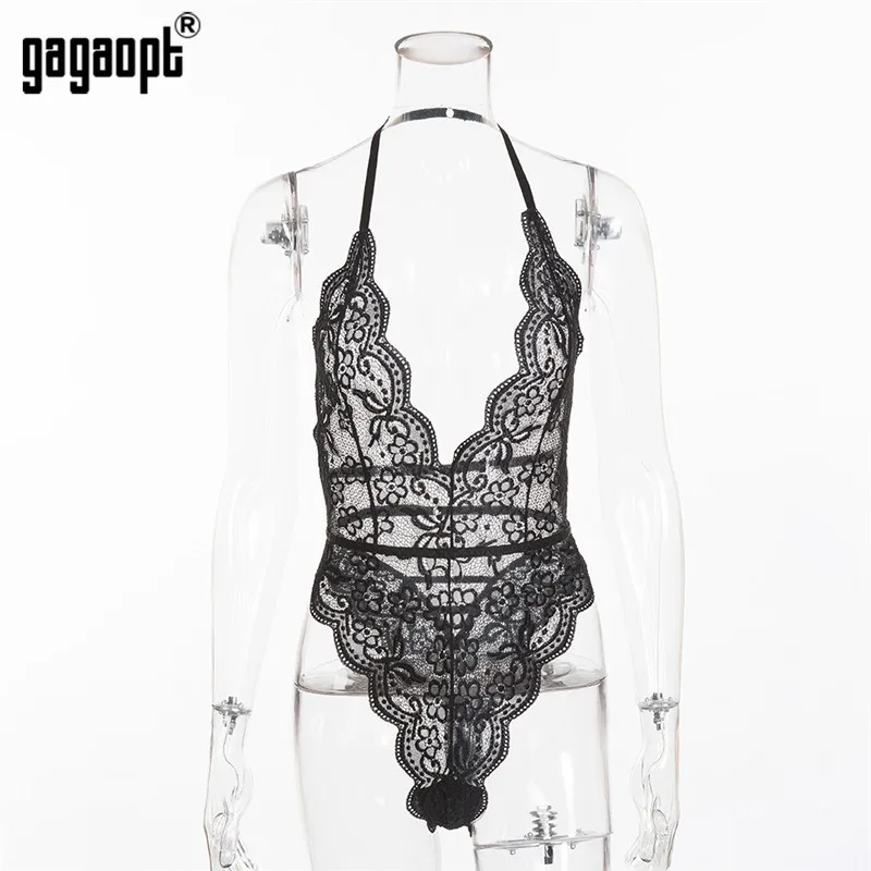Черный Gagaopt, Кружевное боди для женщин, Холтер, Цветочная вышивка, белый, черный, боди с открытой спиной, сексуальное боди, комбинезон, комбинезоны, одежда для сна - Цвет: Черный