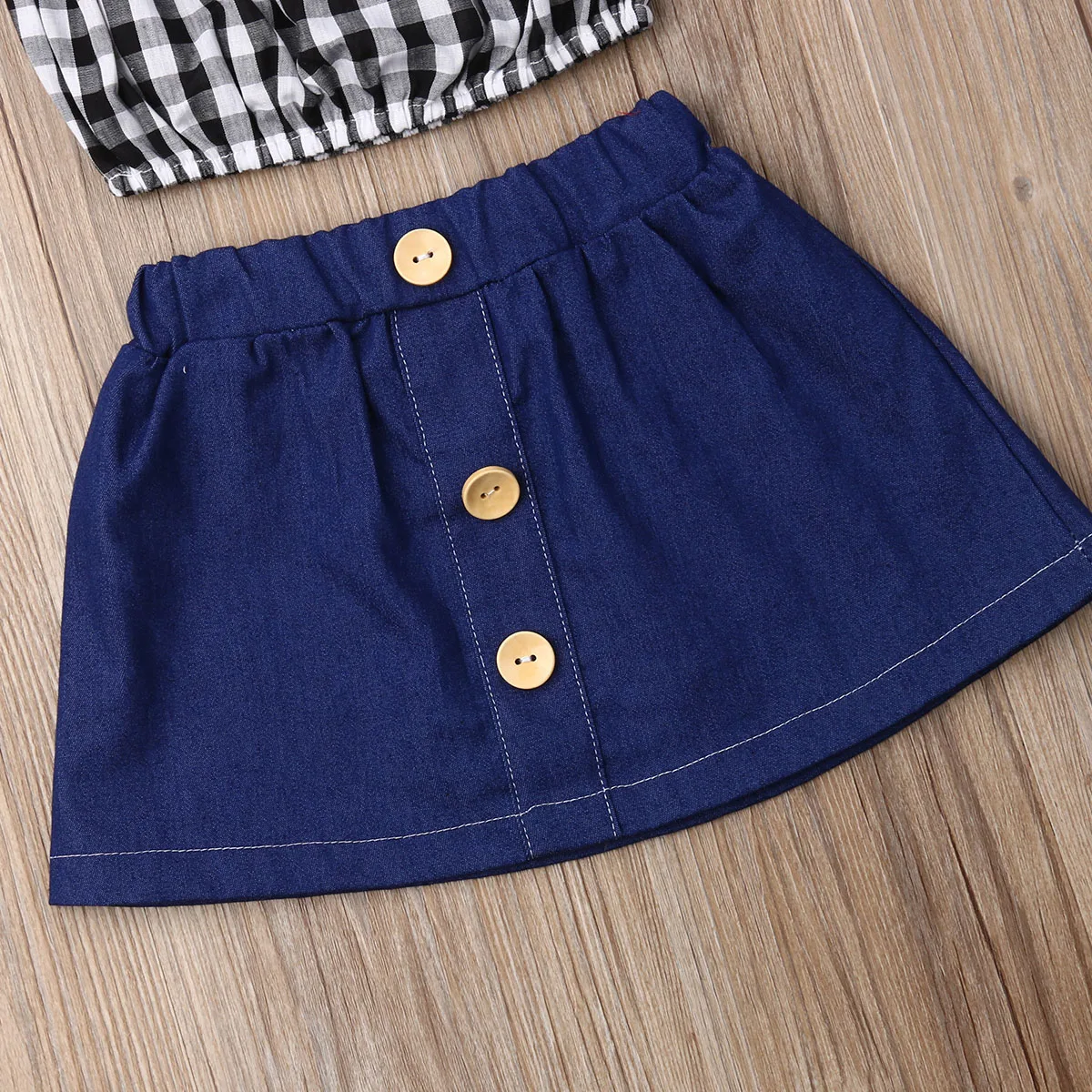 

2PCS Kid Baby Girl Clothes Off-Shoulder Plaids Tops+Denim Skirt Outfit Summer Short Sleeve Girls Clothing Set