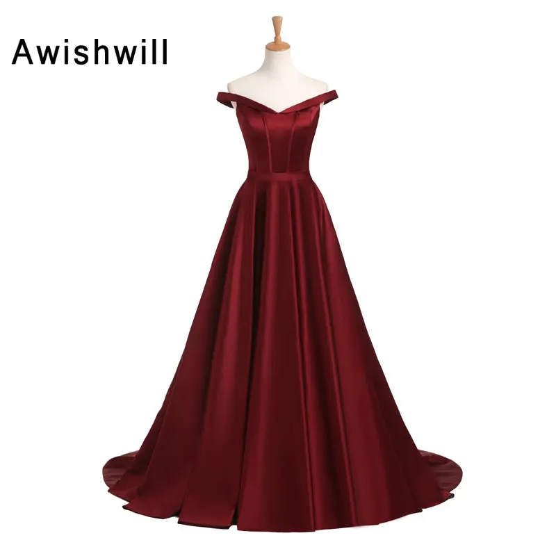 Платье женское вечернее атласное с открытыми плечами ТРАПЕЦИЕВИДНОЕ|burgundy formal