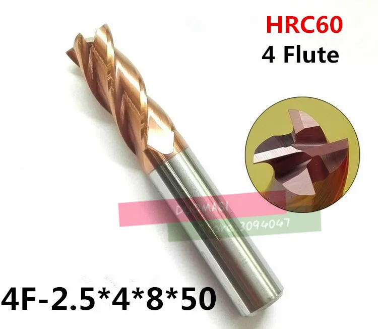 4F 2.5*4*8*50 HRC60 твердосплавные квадратные плоские концевые фрезы покрытие: nano 4