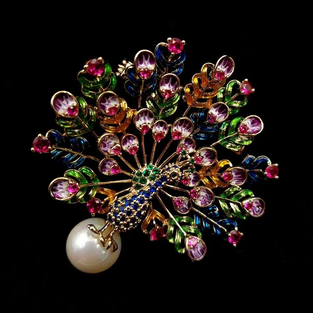 Дивная винтажная разноцветная перьями павлина брошь золотой тон перламутр деко