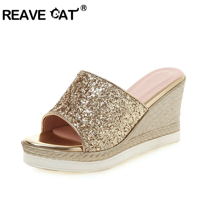?? 奪う猫 2019 夏プラットフォームスリッパ女性の夏のビーチサンダル汗通気性スパンコールウェッジカジュアルシューズサイズ 42 43