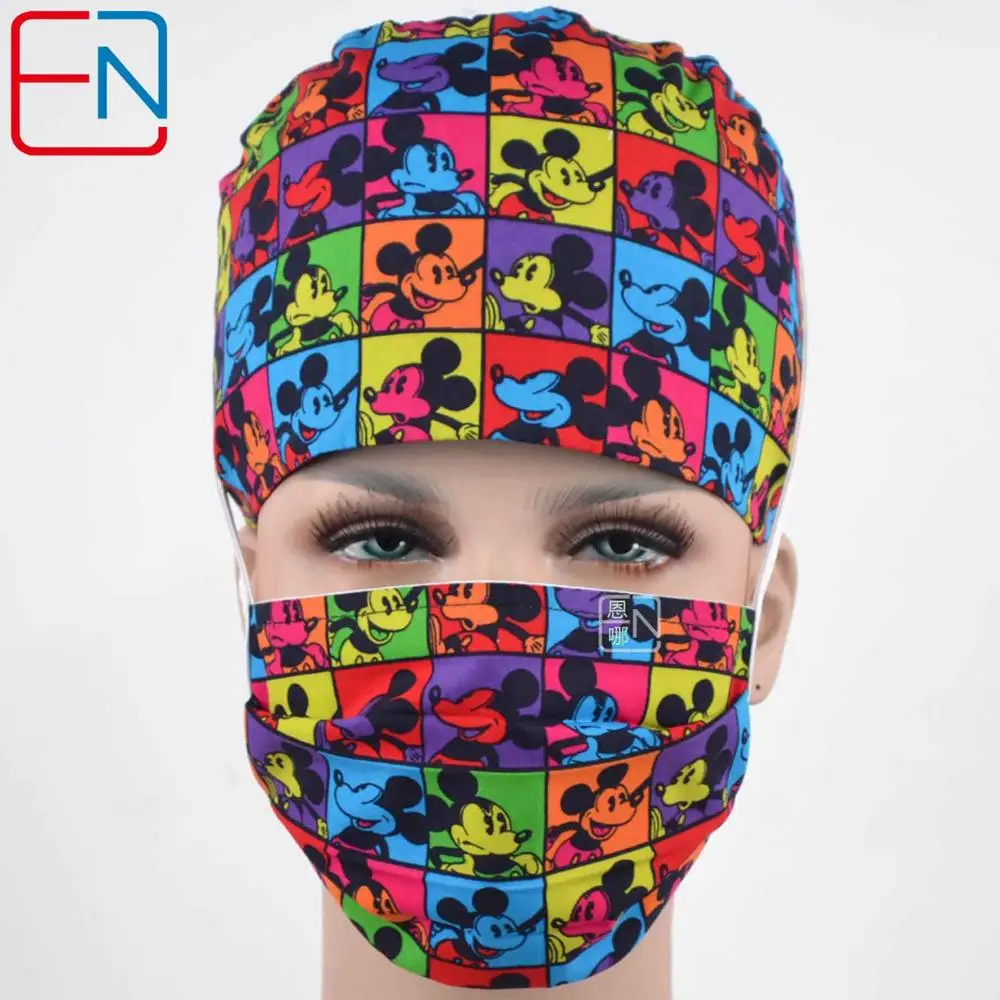 cap and mask Hennar, хирургическая Кепка с рисунком, Женский косметолог, для домашних животных, больниц, медсестер, хлопковая Рабочая кепка, маски, регулируемые медицинские шапочки, маска - Цвет: cap and mask