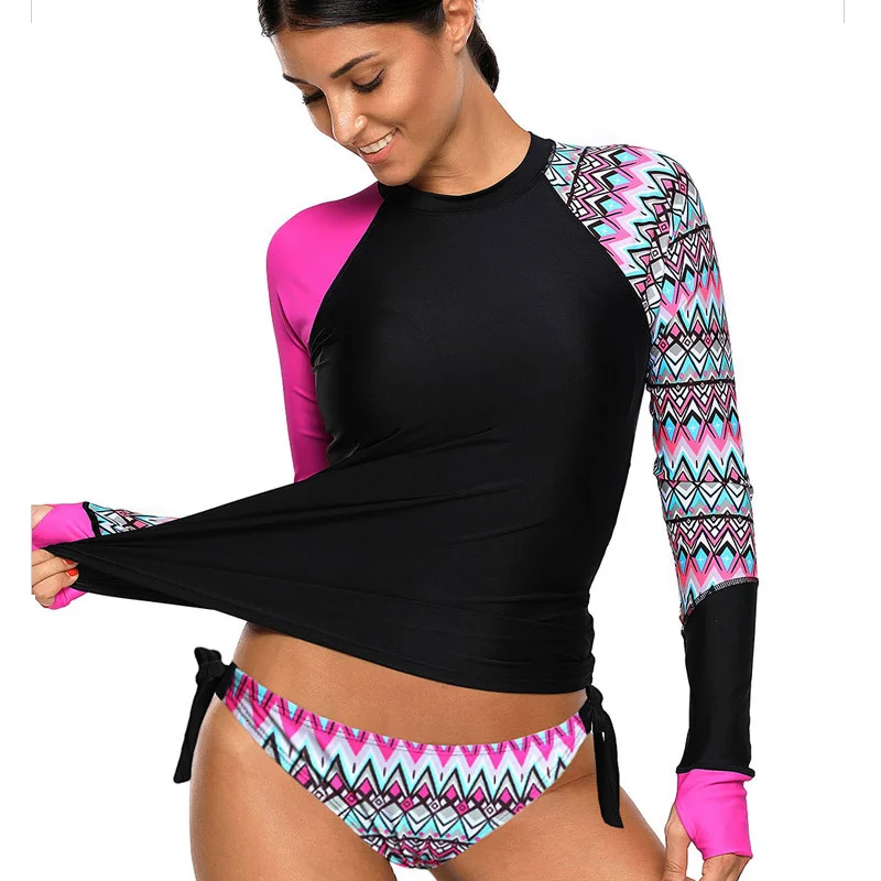 

Two Piece Split swimsuit bikini sets Two-Piece Suits Long Sleeve Surfing Top Rash Guard women Round Neck print Swimwear UPF50+