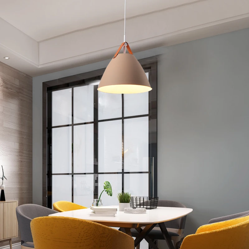 Modern simple leather LED single head pendant light macaron colorful foyer coffee shop dining room droplight metal hanging lamp | Освещение