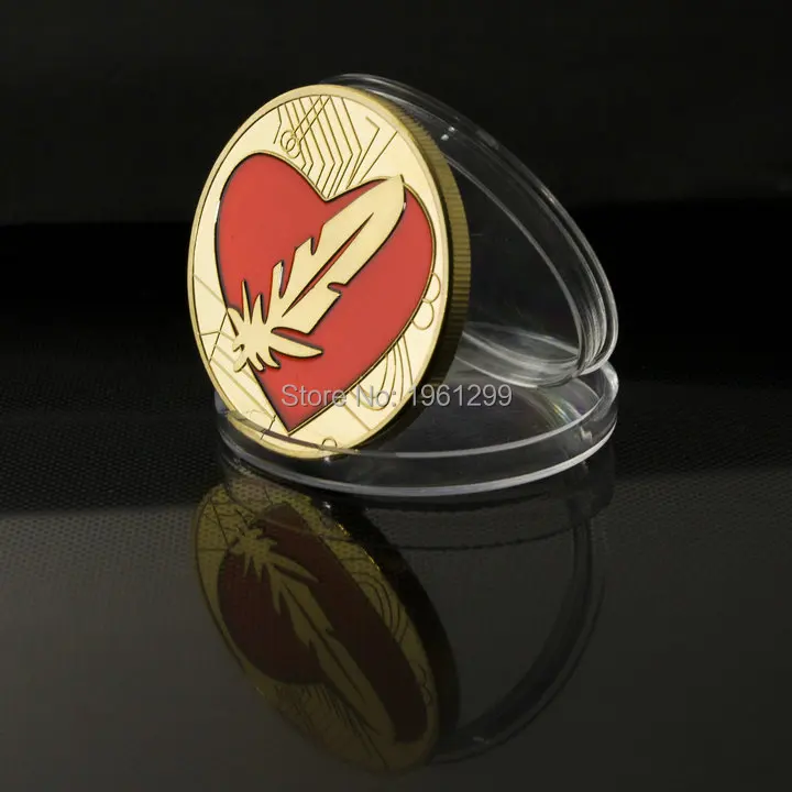 2014 hot sale 1pcs/ lot Gold plated red heart feather coins best gift coin free shipping