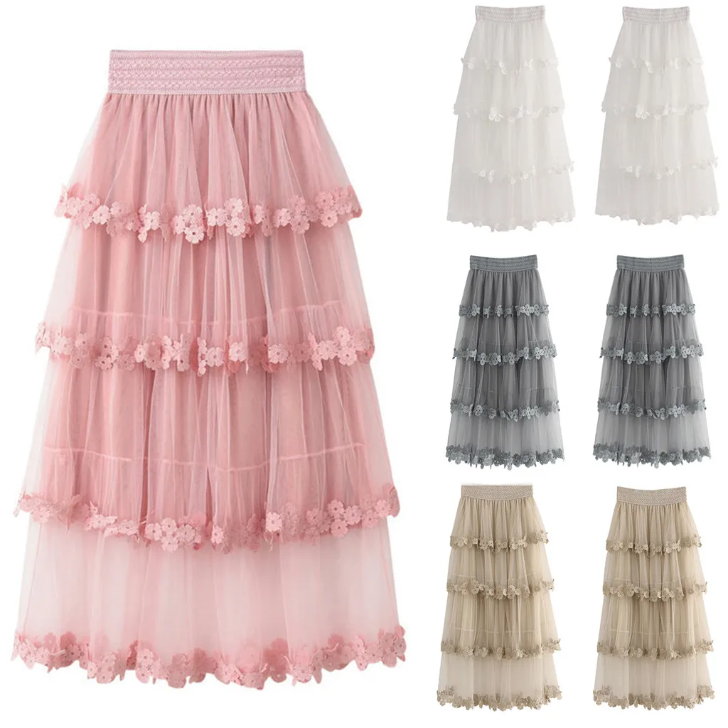 Women's Skirt Skirts faldas jupe femme shein saia harajuku High Waist Ruffle Mesh Tutu Sheer Net Tulle Pleated Maxi #50 | Женская
