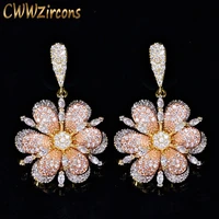 cwwzircons 3 tones rose and yellow gold color jewelry fashion micro pave cubic zirconia flower drop earrings for women cz356