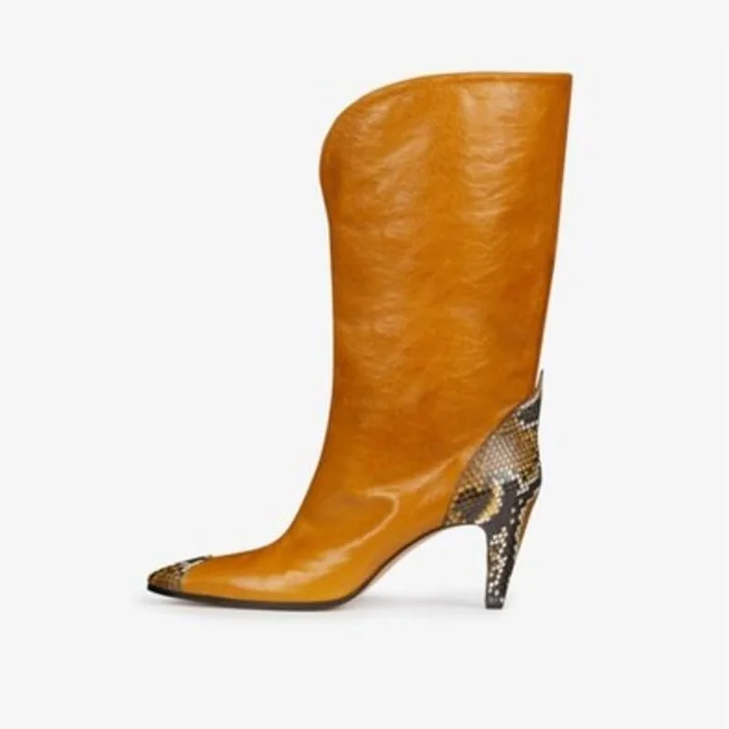 

knee high pointed toe boots snakeskin print spike heel boots loose slip-on women fashion catwalk shoes patchwork design boots