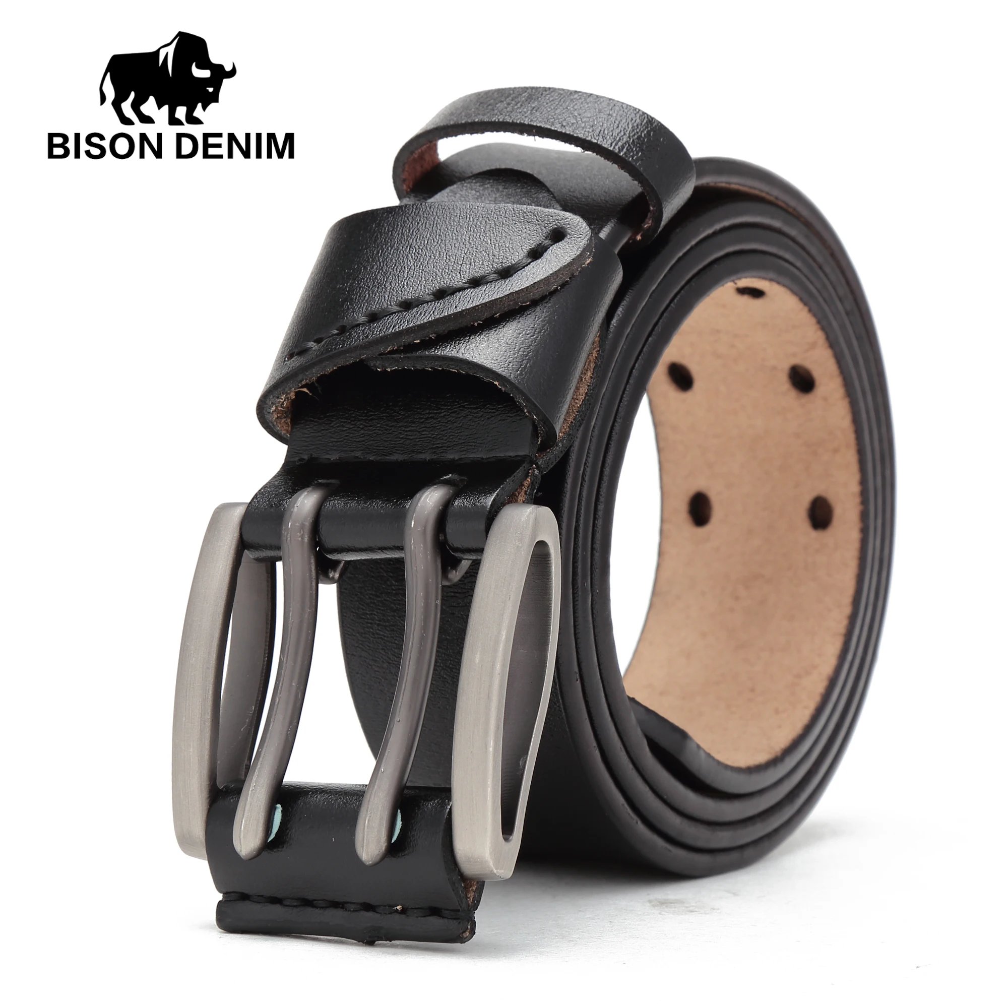 Мужской ремень из натуральной кожи BISON DENIM Черный винтажный кожаный пояс с
