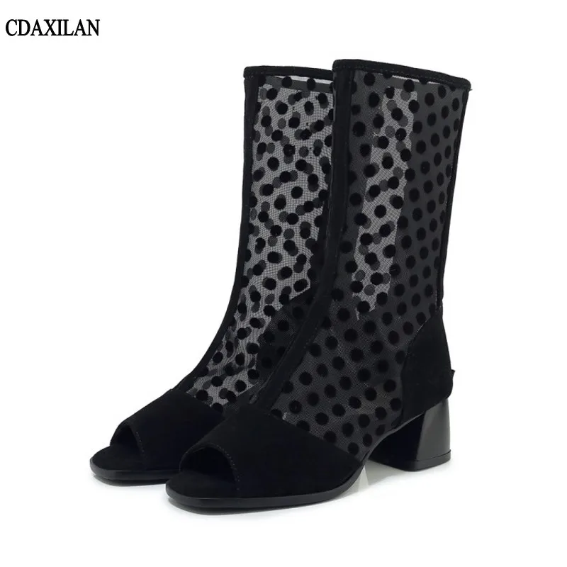 

CDAXILAN new arrivals boots women breathable mesh suede fishnet mid-calf boost middle heels peep toe summer ladies shoes