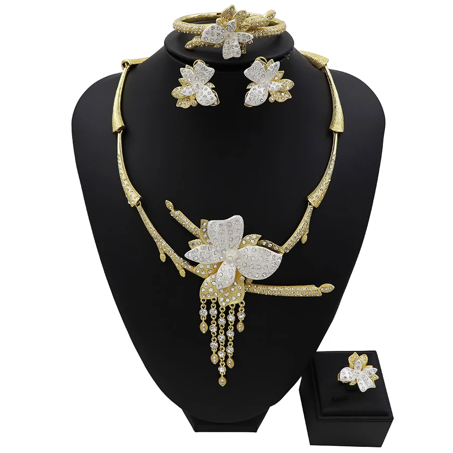 TSROUND Gold Color Dubai Jewelry Sets for Women Ngerian Bridal Wedding Two Tones CZ 4PCS | Украшения и аксессуары