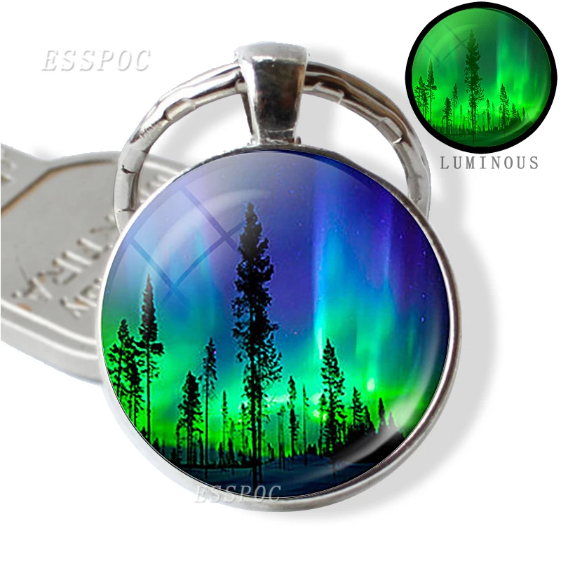 Northern Lights Aurora Photo Round Keychain Luminous Glass Cabochon Jewelry Handmade Supply for Pendant Fashion Key Chain Gift | Украшения