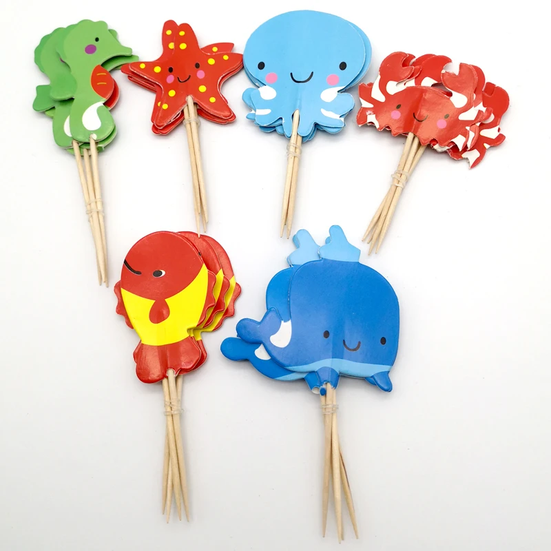 

Happy Birthday fish/seahorse/starfish/crab/whale Theme Baby Shower Party Decorate Cupcake Cake Toppers With Sticks 24pcs/pack