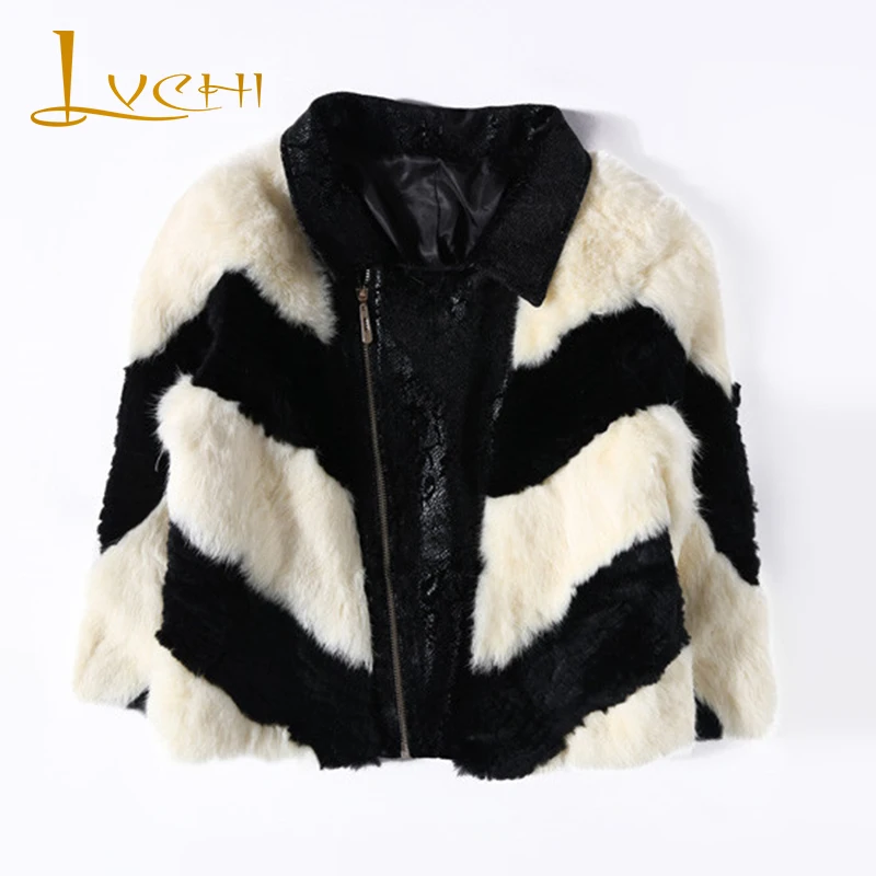 

LVCHI 2019 Winter New Elegant Female Coat Real Rabbit Fur Stylish Oblique Stripe Short Natural Sheep Skin Turn-Down Collar Coat