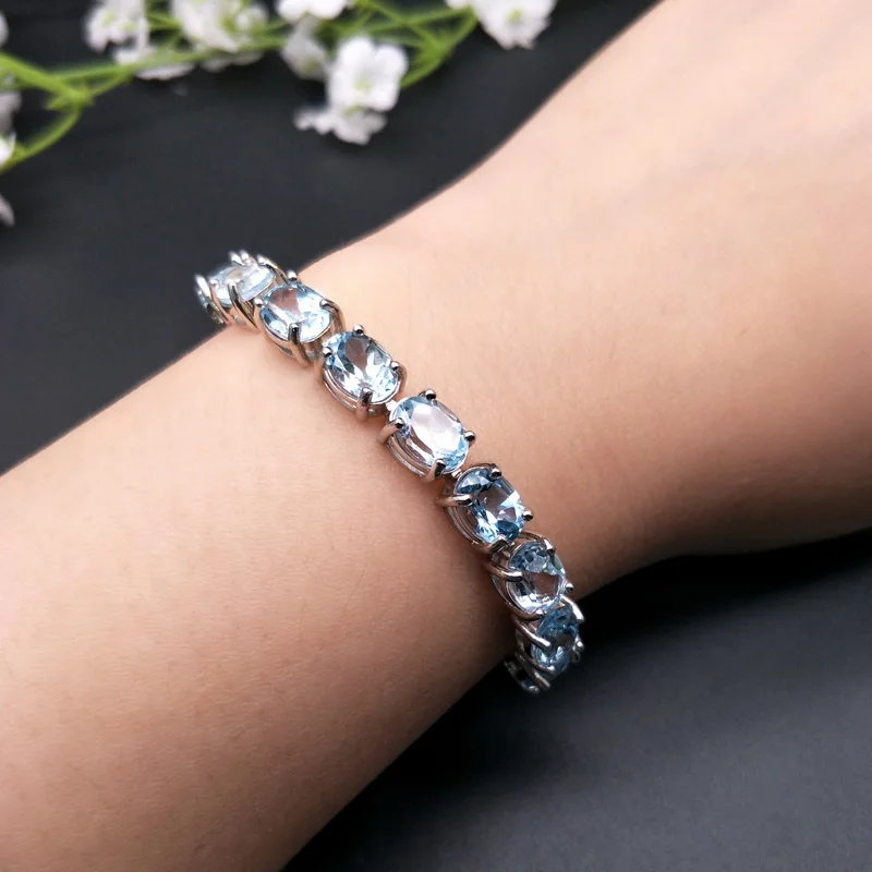 topaz bracelet Браслет с натуральным овальным камнем 6*8 мм небесно-голубой топаз, Настоящее серебро 925 пробы, хорошее ювелирное изделие, подходит для девочек на каждый день или вечеринку - Цвет камня: topaz bracelet