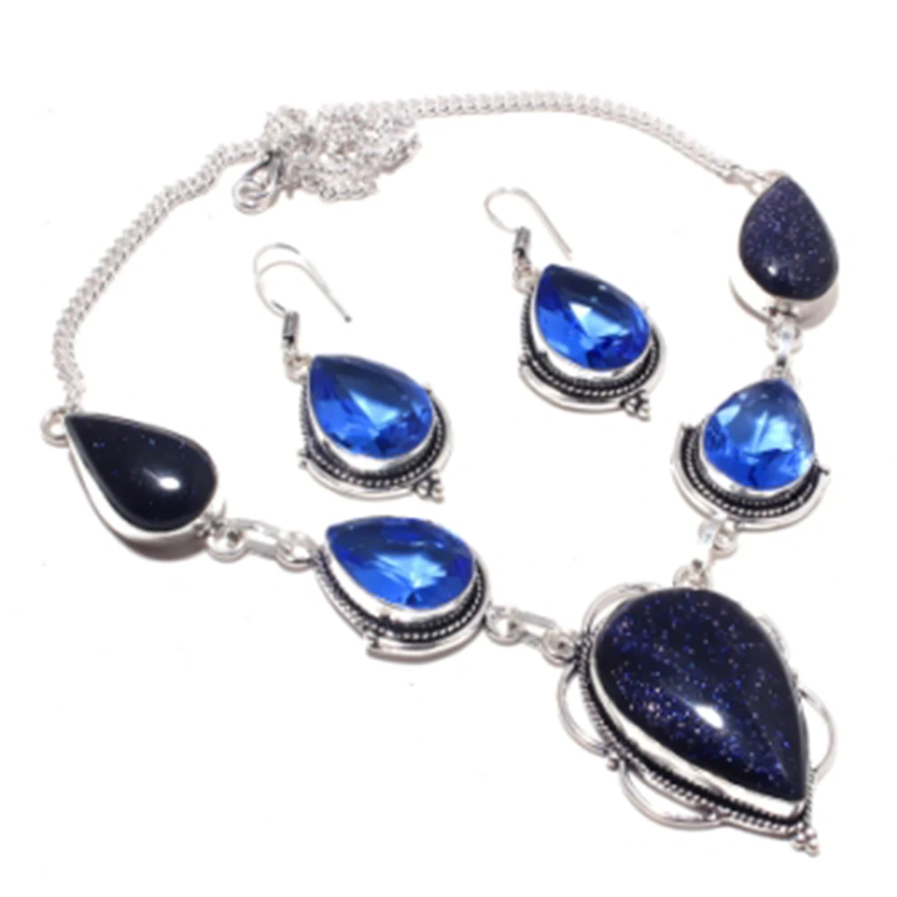 

Sunstone,Blue Topas Necklace + Ering Silver Overlay over Copper , 50 cm, N4039
