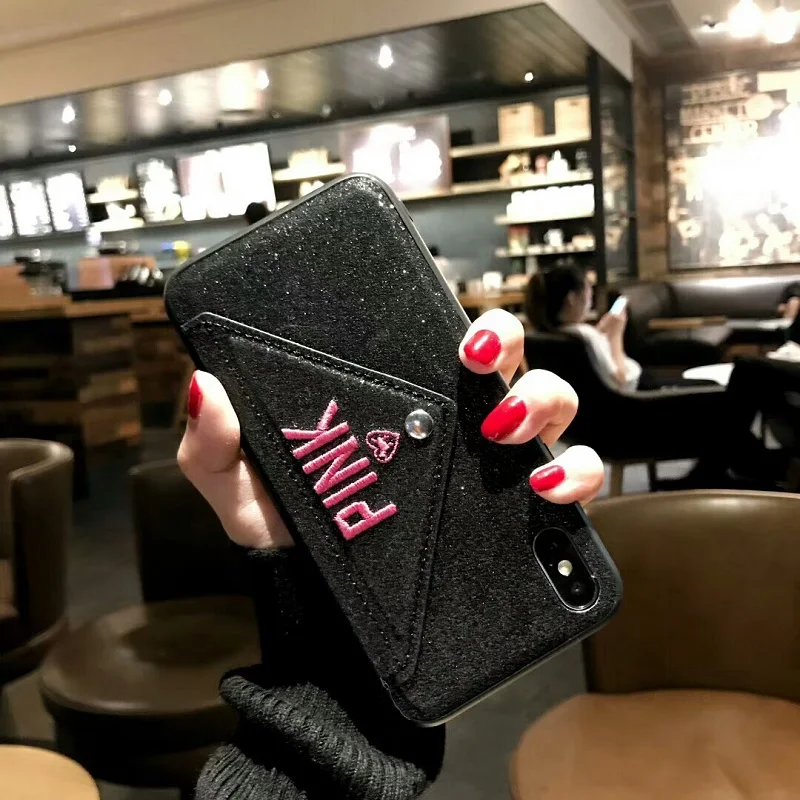 Luxury PINK Brand NEW Glitter Embroidery Leather Fashion Hot Cute Pink Case for iPhone 7 Plus 7+ 8 6 6s X Phone Secret |