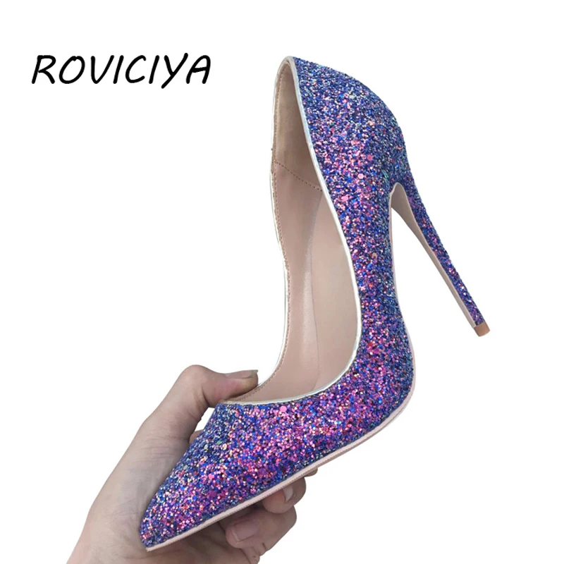 Женские блестящие фиолетовые туфли на высоком каблуке 12 см туфли-лодочки с