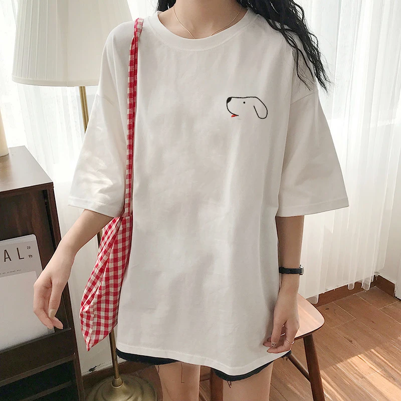 Women T-shirt Printing Medium Long Loose Large Size Puppy O-Neck T-Shirt Cotton Tops Fit Soft Casual Street Wear | Женская одежда
