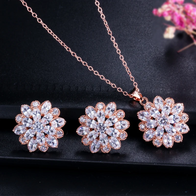 Комплект из серег и ожерелья цвета розового золота с фианитом|brand jewelry sets|fashion