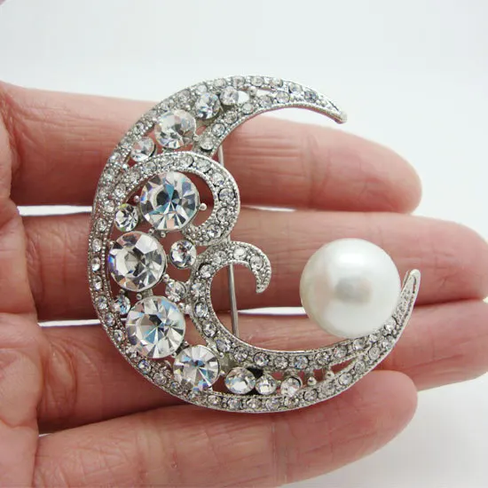 

Fashion Pretty Moon Flower Pearl Clear Rhinestone Crystal Bride Bridesmaid Pendant Brooch Pin