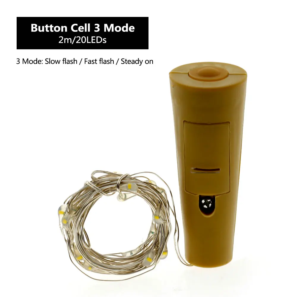 Button Cell 3Mode 5 шт./лот пробка для бутылки светодиодный шнур серебряная проволока световые струны Солнечный 2 м 20 светодиодный Рождественская фея украшение праздничное освещение - Испускаемый цвет: Button Cell 3Mode