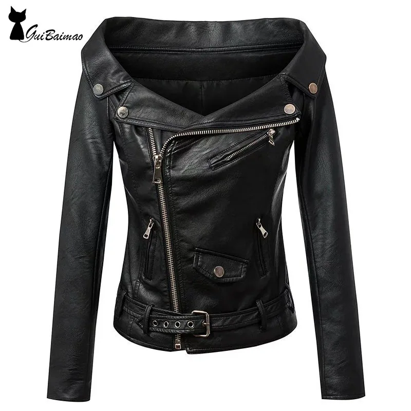 Черная куртка в стиле панк с отложным воротником и длинным рукавом мотоциклетная