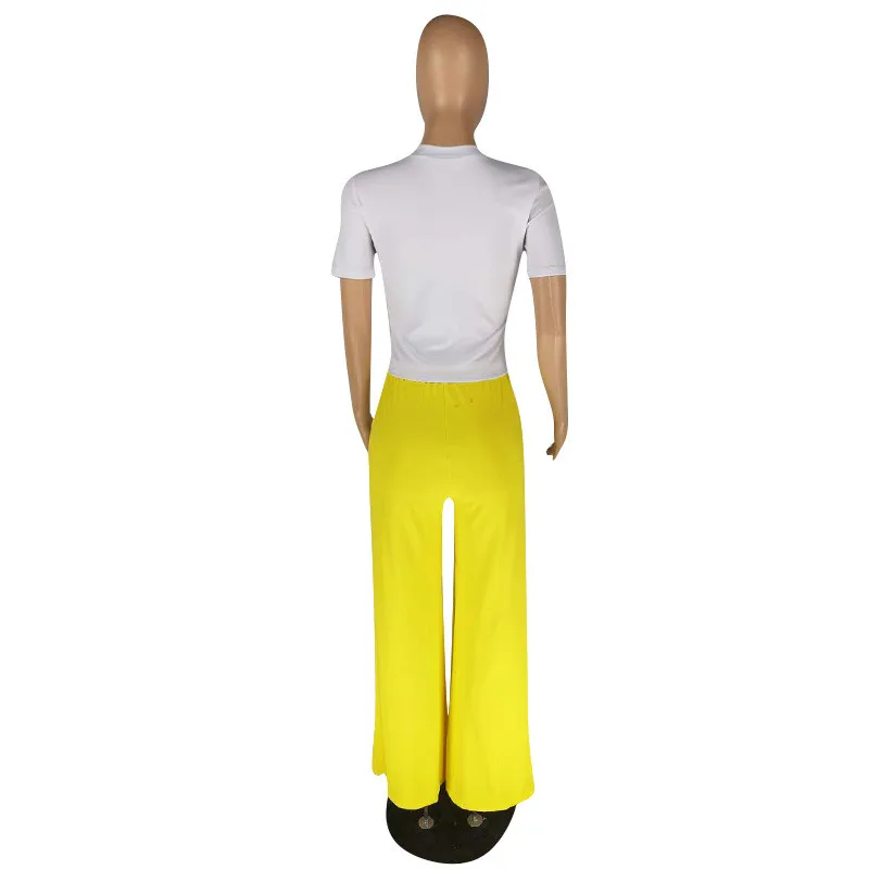 

Summer Two Piece Set Women Character Print Short Sleeve T-shirt Top and Split Ruffles Wide Leg Pants Suit Streetwear Women Sets