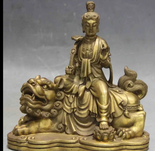 Китайская медная Статуэтка SHUN Samantabhadra Бодхисаттва Кван Инь Sit Foo Dog lion | Дом и сад